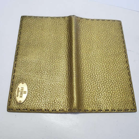 Fendi Selleria Wallet Metalic Gold Pebble Leather Wallet Bifold Large Logo Glam - Picture 8 of 11